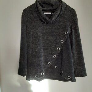 NOTATIONS GREY COWL NECK TOP WITH RIVET CIRCLES DESIGN ACROSS FRONT PETITE MED
